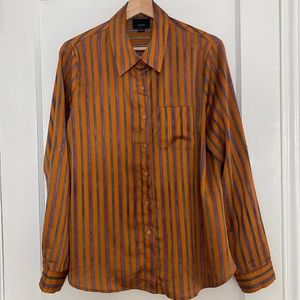 Satin textured button down orange and gray stripes with front pocket size L